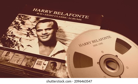 Rome, November 15th 2021: Cover and cd of classic albums by singer, actor and activist HARRY BELLAFONTE. known for spreading calypso music around the world with its 1956 album