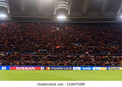 ROME - OCT 23, 2018: AS Roma Supporters At The Stadio Olimpico Before The UEFA Champions League Match