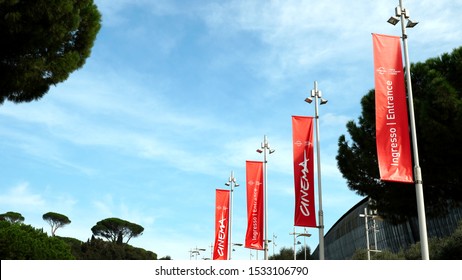 Rome - October 13, 2019: Advertising Flags Of The XIV Rome Film Festival. From 17 To 27 October At The Auditorium Parco Della Musica In Rome