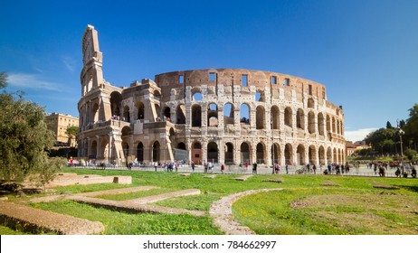 Rome, October 2017: Crowd of tourists visiting the iconic monument Colosseum, one of the New Seven Wonders of the World, on October 2017 in Rome, Italy