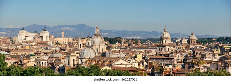 Rome Rooftop View With Ancient Architecture In Italy Panorama. 