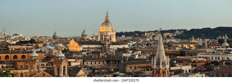 Rome Rooftop View With Skyline And Ancient Architecture In Italy At Night. 