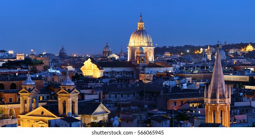 Rome Rooftop View With Skyline And Ancient Architecture In Italy At Night. 