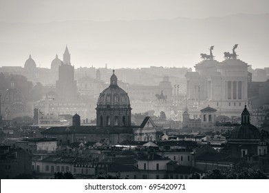 Rome Rooftop View At Sunrise Silhouette Black And White With Ancient Architecture In Italy. 