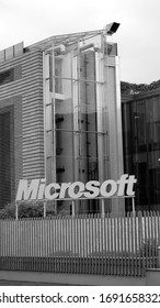 Rome, September 15, 2019: Facade of the MICROSOFT Rome office in the EUR district. IT company based in Redmond in the State of Washington created by Bill Gates and Paul Allen on 4 April 1975