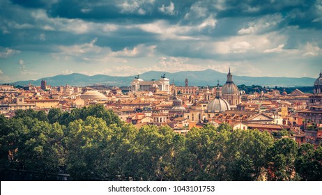 Rome skyline, Italy, Europe. Cityscape of Rome on nice day. Panoramic view of Rome in summer. Italian landscape, scenic panorama of old Roma city. Vintage style photo of historical Rome buildings. 