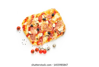Rome Square Pizza Or Pinza With Italian Ham Isolated On White Background, Top View