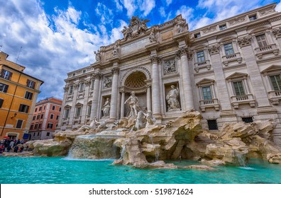 Rome Trevi Fountain (Fontana di Trevi) in Rome, Italy. Trevi is most famous fountain of Rome. Architecture and landmark of Rome. Postcard of Rome.