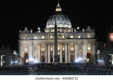 Rome, Vatican â?? summer 2016. St.  Peter's Basilica at night with barriers. The Papal Basilica of St. Peter has installed extra crowd barriers leading to the entrance. - Powered by Shutterstock