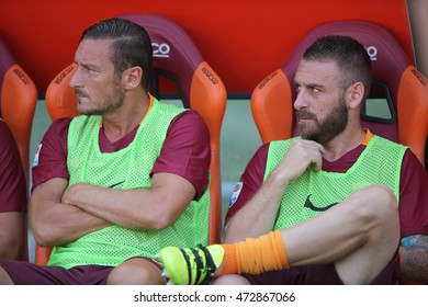 Rome,Italy - August 20, 2016: Francesco Totti And De Rossi On The Bench During Football Match Serie A League 2016/2017 Between As Roma VS Udinese  At The Olimpic Stadium On August 20, 2016 In Rome.