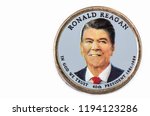 Ronald Reagan Presidential Dollar, USA coin a portrait image of RONALD REAGAN IN GOD WE TRUST 40th PRESIDENT 1974-1977, $1 United State of America, Close Up UNC Uncirculated - Collection
