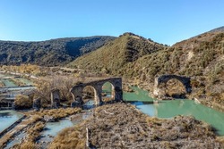 Roncalese Bridge, Medieval Construction, With Seven Arches, Semi-ruined, Located Over The Arag?n River Near The Town Of Yesa, Next To The Fish Farm. It Has Been Part Of The Camino De Santiago