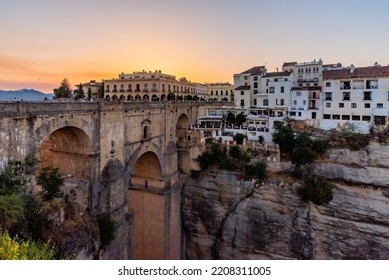 Ronda New Bridge Viewpoint By Sunset Golden Hour