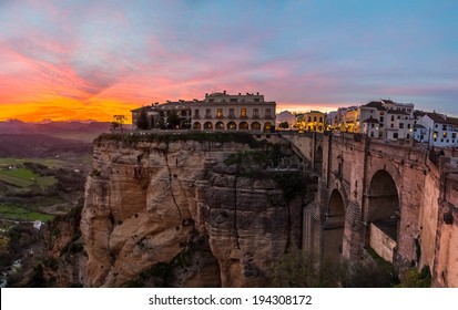 Ronda's spectacular sunset with the with the "New Bridge". Ronda, provence of Malaga, Andalusia, Spain.