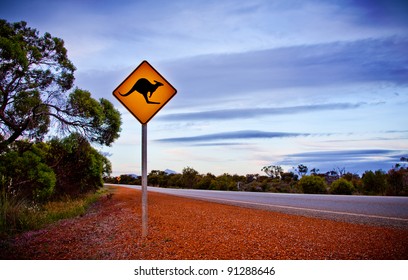 Roo Sign. A typical scene when driving in the outback in Australia warning of Kangaroos crossing the road.