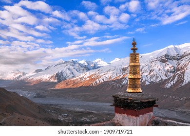 Roof of an ancient Buddhist Key Gompa Monastery on the background of mountain valley at sunset in Spiti valley, Himachal Pradesh, India
