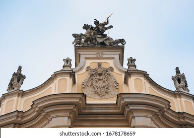 The Roof Of The Cathedral Of St. George In Lviv. Sculpture Of A Horseman With A Spear On A Horse. Rococo Style, Greek Catholic Shrine.