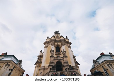 The Roof Of The Cathedral Of St. George In Lviv. Sculpture Of A Horseman With A Spear On A Horse. Rococo Style, Greek Catholic Shrine. Wide Angle.