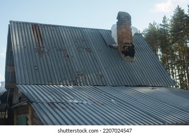 Roof And Chimney. House In Village. Roof In Old House. Brick Chimney.