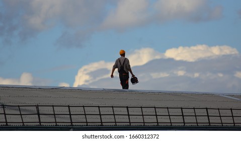 Roof Construction Worker Roof Repair Construction Stock Photo ...