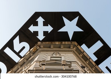 Roof Detail Of The House Of Terror In Budapest, The Former SS And KGB Headquarters Now Converted Into A Museum And Memorial.