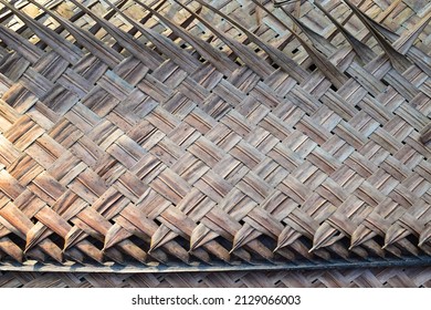 The Roof Of A House Made Of Coconut Leaf In The Countryside Of South India. Natural Protection From Sun And Rain. Fully Eco-friendly. Overhead View. 