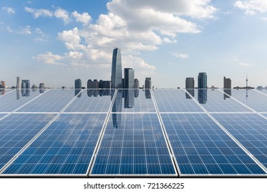 Roof Solar Energy Panels Reflected Modern City Skyline