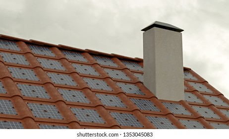 Roof Of Solar Tiles With Chimney, Cloudy Weather.