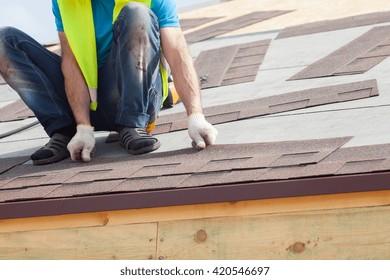 Roofer Builder Worker Installing Roof Shingles Stock Photo 420546697 ...