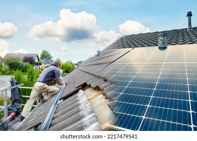 Roofer, Worker On The Rooftop. Roofing Work. Solar Cell Installation. Preparation Of Solar Panel Installation. Attaching Rails. Scaffolding On Construction Site