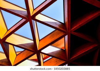 Roofing Construction. Wooden Roof Frame House Construction. Abstract Structure background. Wood texture pattern. Architecture minimal concept. Visual art. Conceptual photography.