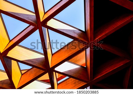 Roofing Construction. Wooden Roof Frame House Construction. Abstract Structure background. Wood texture pattern. Architecture minimal concept. Visual art. Conceptual photography.