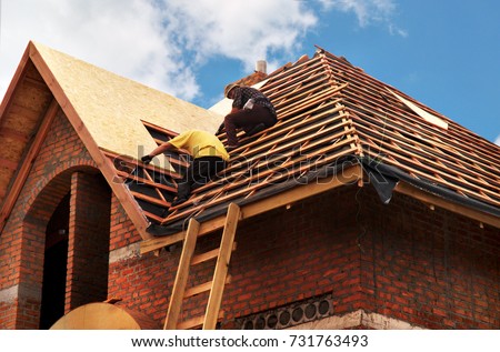 Roofing Contractors Installing House Roof Board for Asphalt Shingles. Roofing Contractor. Roofing Construction. Roof Repair.