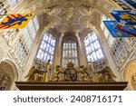 The roofing and Interior of Westminster Abbey with Gothic style. The church is located next to Palace of Westminster in city of Westminster in London, England, UK