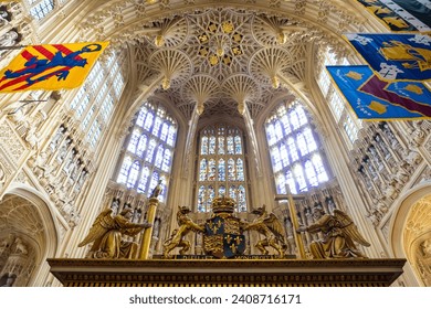 The roofing and Interior of Westminster Abbey with Gothic style. The church is located next to Palace of Westminster in city of Westminster in London, England, UK - Powered by Shutterstock