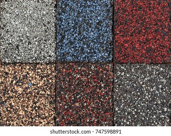 Roofing Material Asphalt Shingles Samples Of Various Colors, Closeup