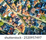 Roofs of old Bergen, aerial drone shot, Norway