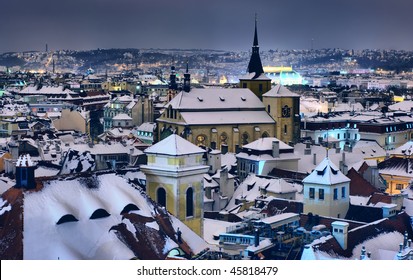 Roofs Of Prague In The Winter Night