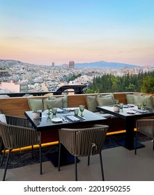 Rooftop Bar In Athens. A Stylish Rooftop Restaurant And Bar Overlooking Athens, Greece At Sunset. 