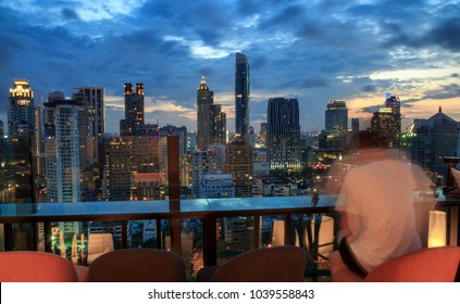 Rooftop bar in city center Bangkok Thailand.