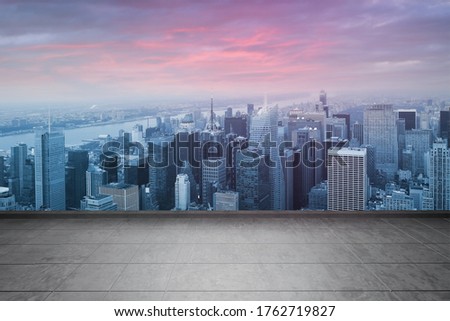 The rooftop of concrete rusty square floor with Newyork city scape soft blurry background.