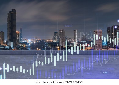 Rooftop with concrete terrace, Bangkok night skyline. Forecasting and business modeling of financial markets hologram digital charts. City downtown. Double exposure.