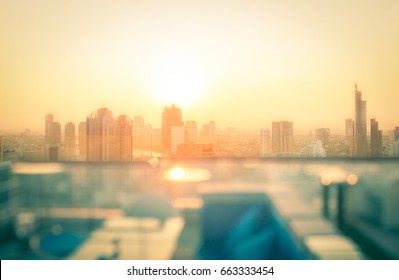 Rooftop Of Dining Party Over City View At Summer Twilight Sunrise Background. Bangkok, Thailand, Asia