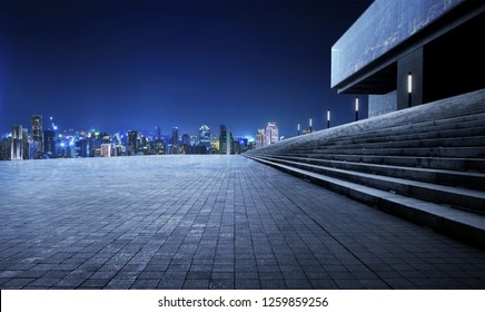 Rooftop Empty Brick Floor And Night City Skyline