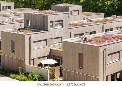 Rooftop Garden On The Roof Of The Urban Building. Modern Low Rise Residential Apartment Buildings With Garden Rooftop.