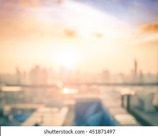 Rooftop Party Concept: Blur Table Restaurant On Skyline Sunrise Background. Bangkok City, Thailand, Asia