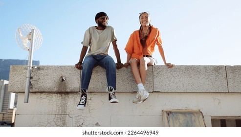 Rooftop, relax and friends for social conversation together in cool wind, sunshine and blue sky mock up space for advertising gen z youth aesthetic. Happy black people couple on urban city building - Shutterstock ID 2264496949