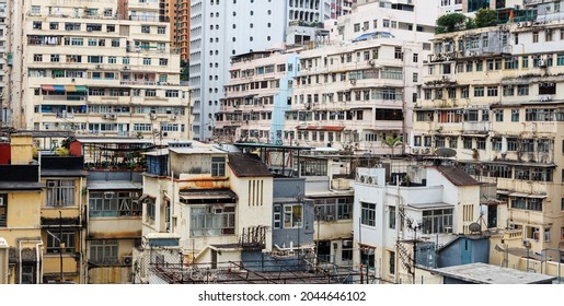 Rooftop slums (houses) and old buildings of Causeway Bay, Hong Kong where residential apartments are highly packed