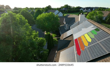 Rooftop solar panels with graphic of energy efficiency scale in a suburban neighborhood at sunset. Green energy in USA housing. 3D render, aerial - Powered by Shutterstock