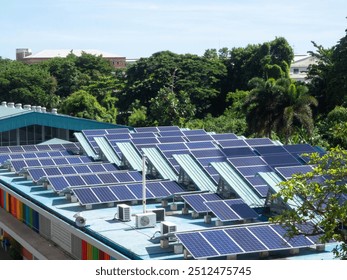 Rooftop technology solar cell panel electricity panel solar energy house building hotel sunlight issue green technology sky sunlight energy power sustainable building system technician residential 